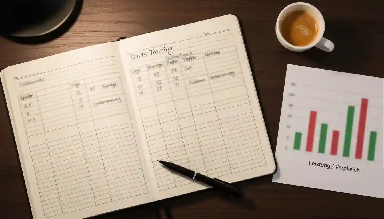 Spieler analysiert Darts-Statistiken mit Notizbuch und Stift